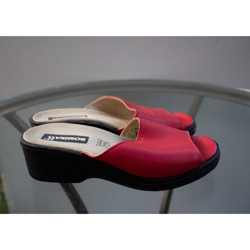ROMIKA Red Leather Slip On Wedge Sandals Leather Insoles 2” Heel‎ Sz 36 US 6